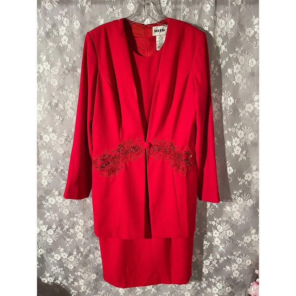 Vintage 90s Red Dress Jacket Set Beaded Cocktail Holiday Formal 2 Piece Large